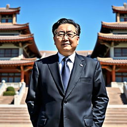 A portrait of President Yoon Suk Yeol standing confidently in a formal suit, with an authoritative expression