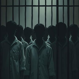 A series of faceless individuals in a prison environment, depicted in a somber and introspective atmosphere