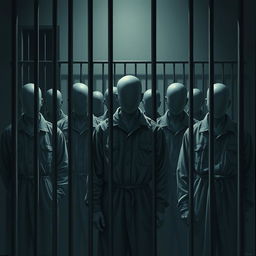 A series of faceless individuals in a prison environment, depicted in a somber and introspective atmosphere
