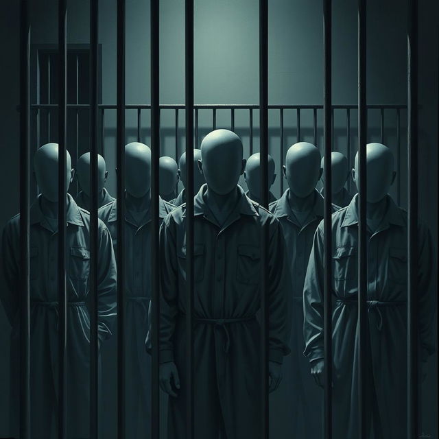 A series of faceless individuals in a prison environment, depicted in a somber and introspective atmosphere