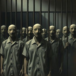 A series of faceless individuals in a prison environment, depicted in a somber and introspective atmosphere