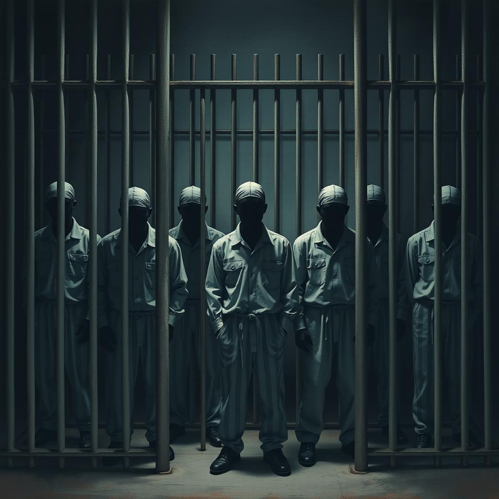 A series of faceless individuals in a prison environment, depicted in a somber and introspective atmosphere