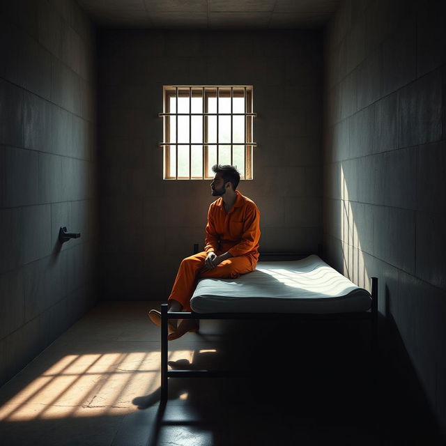 A solitary figure sitting on a bare prison cell bed, wearing an orange jumpsuit