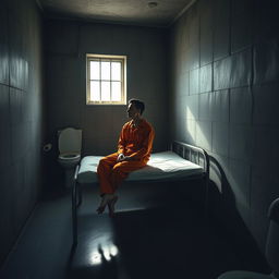 A solitary figure sitting on a bare prison cell bed, wearing an orange jumpsuit