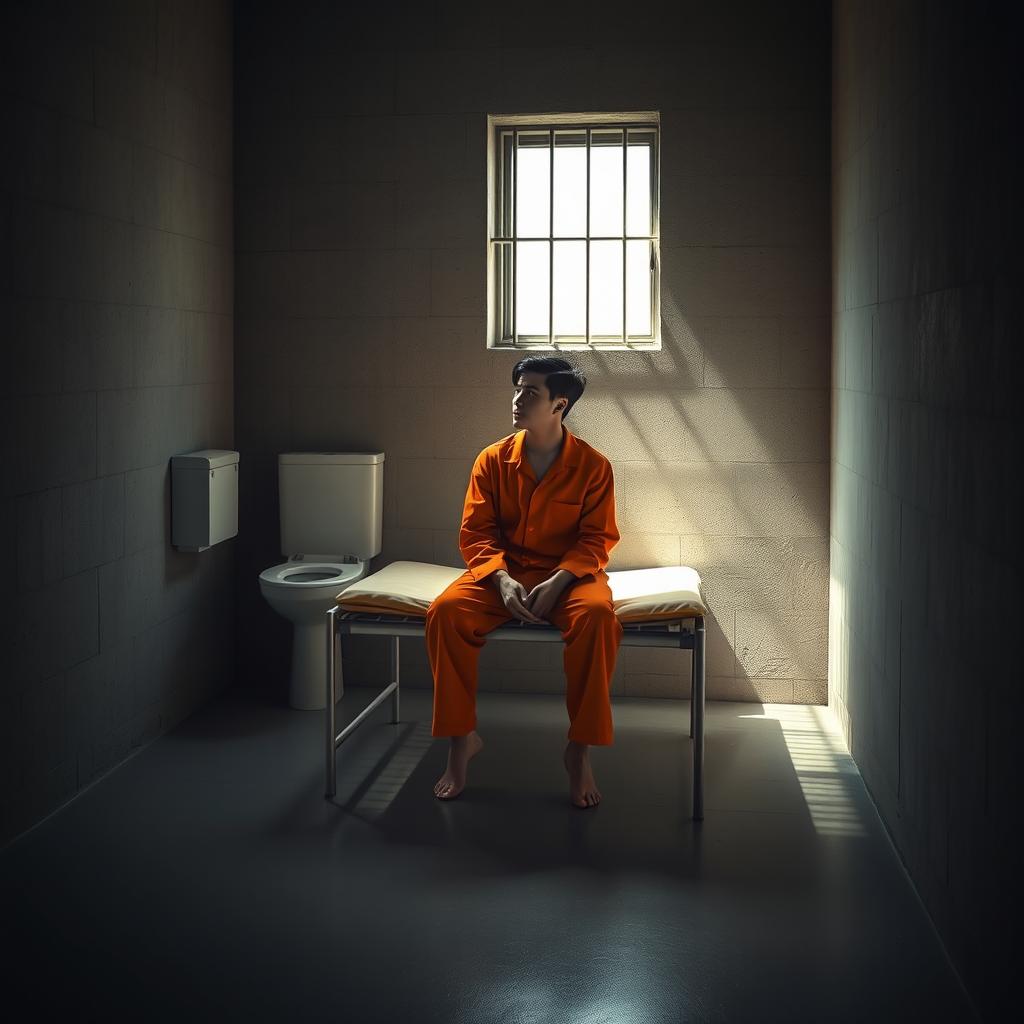 A solitary figure sitting on a bare prison cell bed, wearing an orange jumpsuit