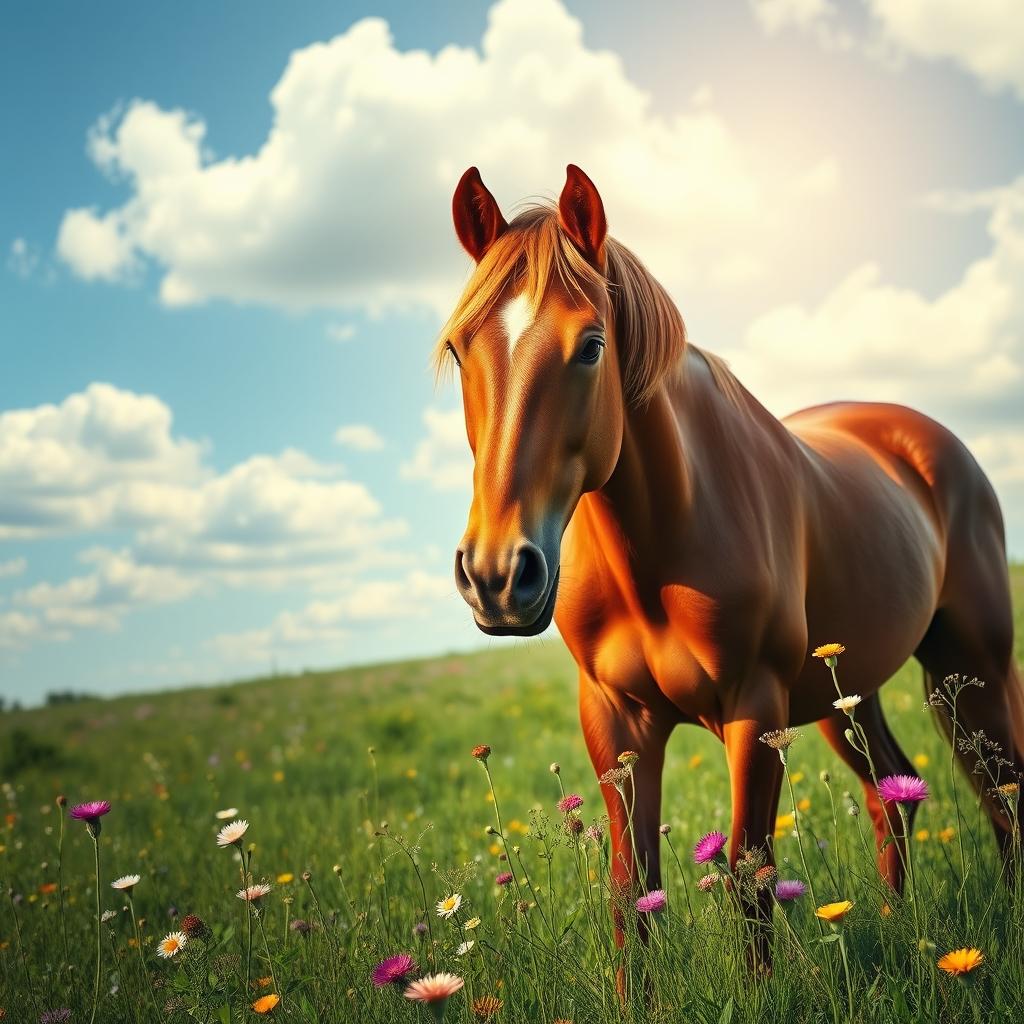 A serene landscape featuring an elegant and beautiful horse, standing majestically in a vibrant green meadow under a clear blue sky with fluffy white clouds