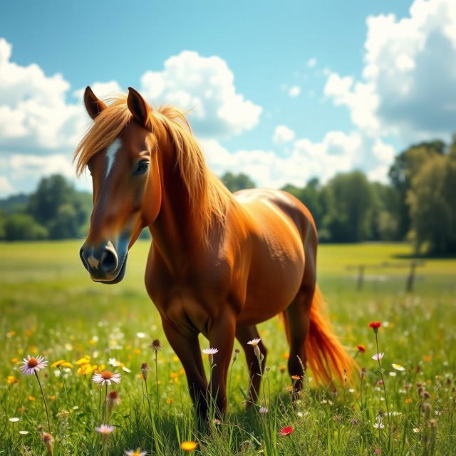 A serene landscape featuring an elegant and beautiful horse, standing majestically in a vibrant green meadow under a clear blue sky with fluffy white clouds