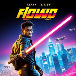 A vibrant movie poster featuring a dynamic action scene with a heroic character in the foreground