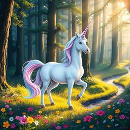 A whimsical and vibrant depiction of a unicorn standing majestically in a lush, enchanted forest