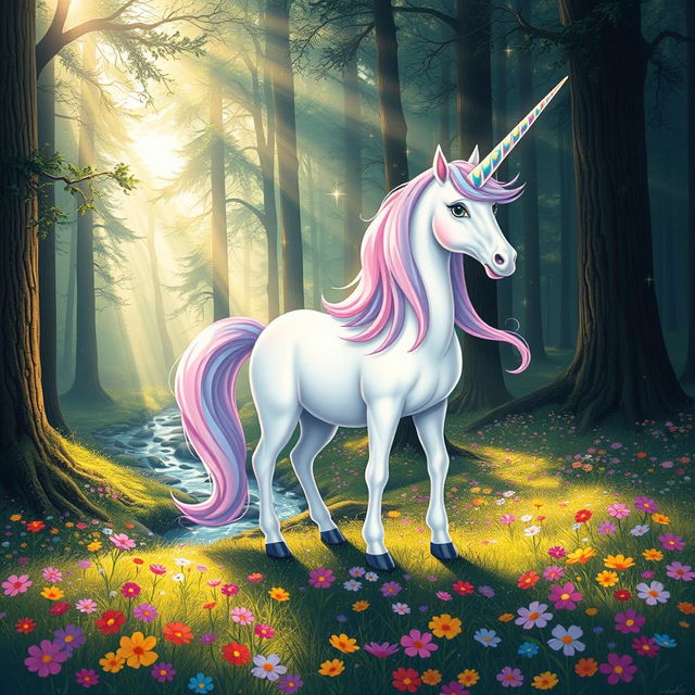 A whimsical and vibrant depiction of a unicorn standing majestically in a lush, enchanted forest