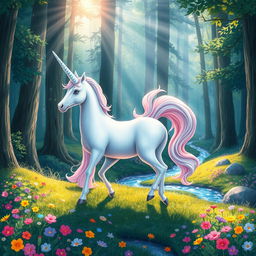A whimsical and vibrant depiction of a unicorn standing majestically in a lush, enchanted forest