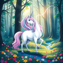 A whimsical and vibrant depiction of a unicorn standing majestically in a lush, enchanted forest