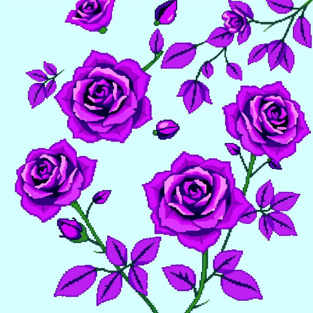 A vibrant profile picture featuring pixel art purple roses on a soft baby blue background