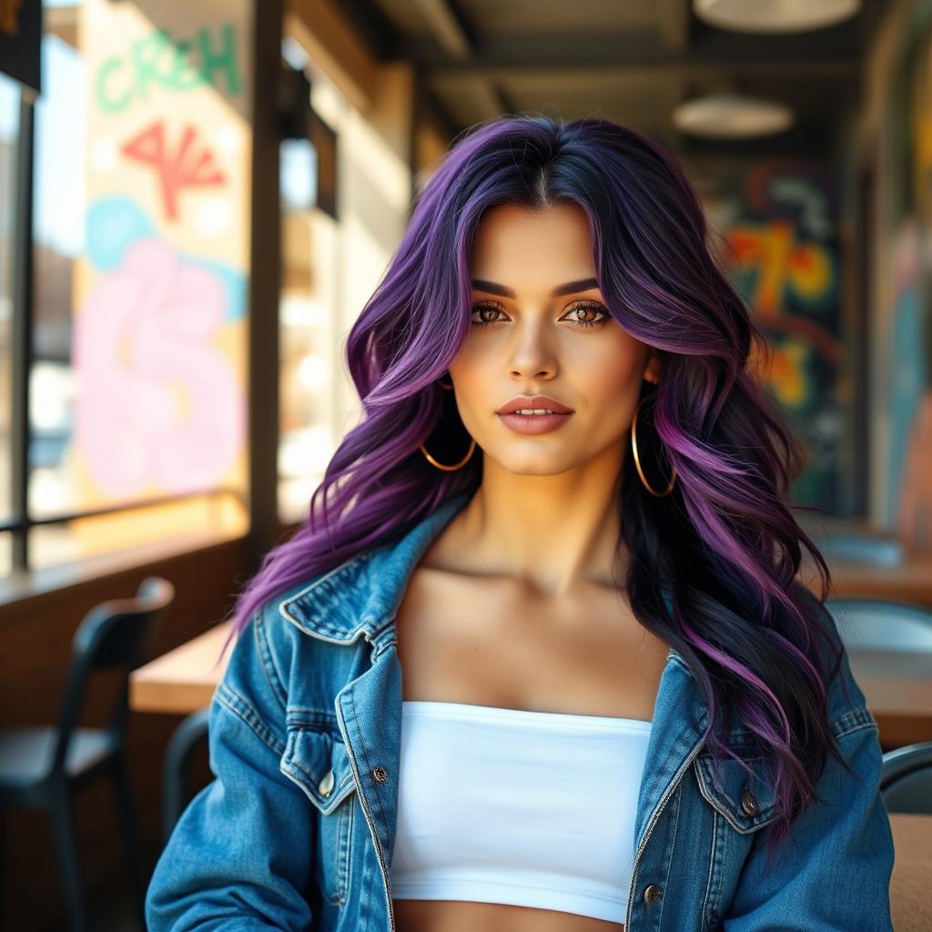 A fashionable young woman with striking purple hair styled in loose waves, wearing a chic casual outfit consisting of a denim jacket and a white crop top