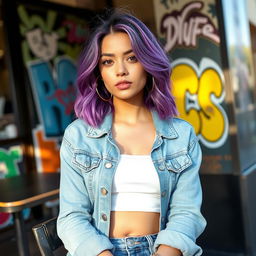 A fashionable young woman with striking purple hair styled in loose waves, wearing a chic casual outfit consisting of a denim jacket and a white crop top