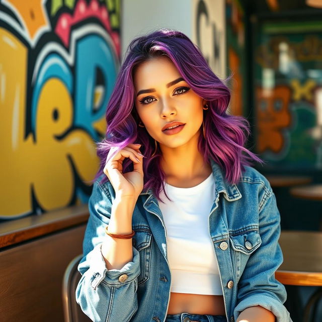 A fashionable young woman with striking purple hair styled in loose waves, wearing a chic casual outfit consisting of a denim jacket and a white crop top