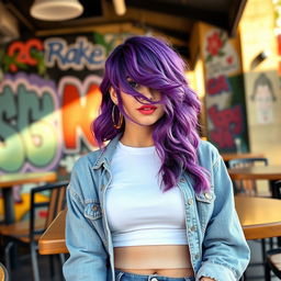 A fashionable young woman with striking purple hair styled in loose waves, wearing a chic casual outfit consisting of a denim jacket and a white crop top