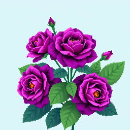 A beautifully intricate pixel art style image featuring vibrant purple roses with large, lush green leaves