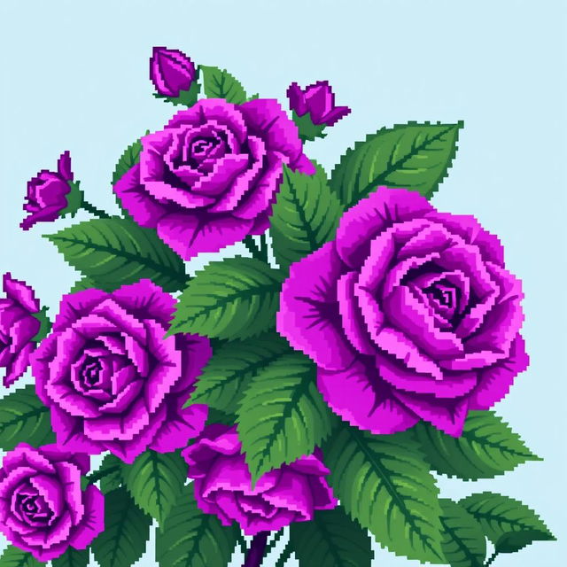 A beautifully intricate pixel art style image featuring vibrant purple roses with large, lush green leaves