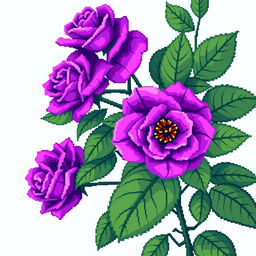 A beautifully intricate pixel art style image featuring vibrant purple roses with large, lush green leaves