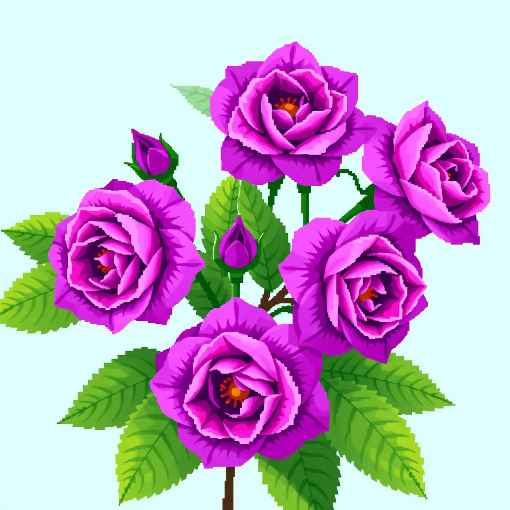 A beautifully intricate pixel art style image featuring vibrant purple roses with large, lush green leaves