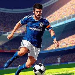 A dynamic and energetic illustration of David Villa in a Chelsea football uniform, showcasing his athletic build and skillful presence on the field