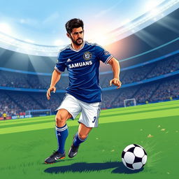 A dynamic and energetic illustration of David Villa in a Chelsea football uniform, showcasing his athletic build and skillful presence on the field