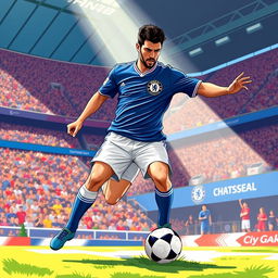 A dynamic and energetic illustration of David Villa in a Chelsea football uniform, showcasing his athletic build and skillful presence on the field