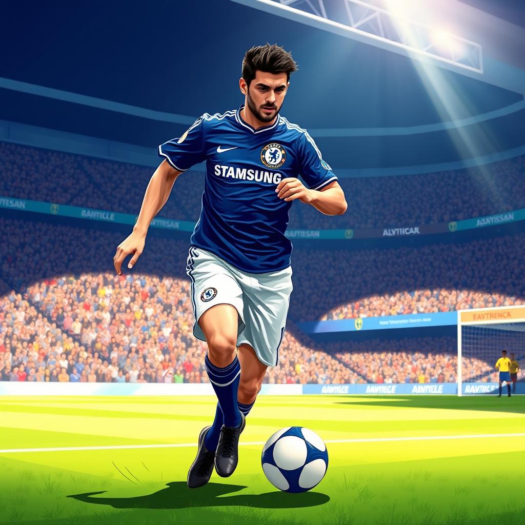 A dynamic and energetic illustration of David Villa in a Chelsea football uniform, showcasing his athletic build and skillful presence on the field