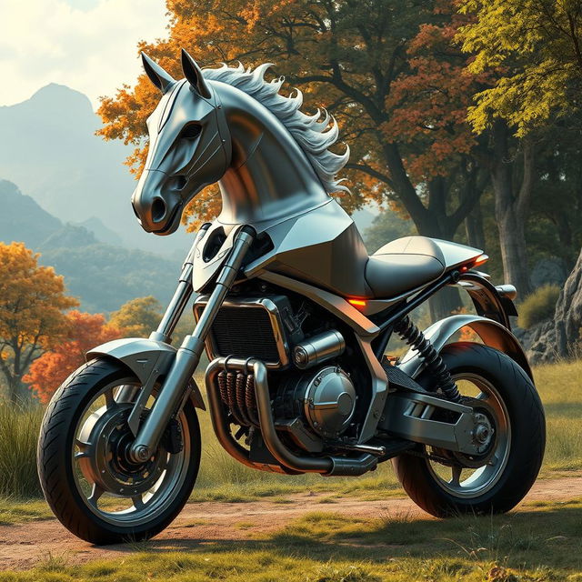 A surreal hybrid of a motorbike and a horse, seamlessly blending the sleek metallic design of a modern motorcycle with the organic muscular structure of a horse