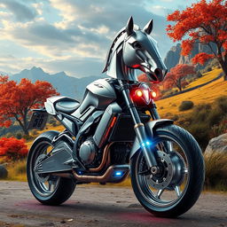 A surreal hybrid of a motorbike and a horse, seamlessly blending the sleek metallic design of a modern motorcycle with the organic muscular structure of a horse