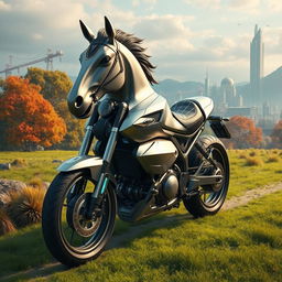 A surreal hybrid of a motorbike and a horse, seamlessly blending the sleek metallic design of a modern motorcycle with the organic muscular structure of a horse