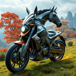 A surreal hybrid of a motorbike and a horse, seamlessly blending the sleek metallic design of a modern motorcycle with the organic muscular structure of a horse