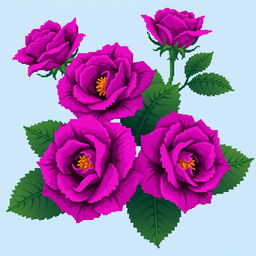 A beautifully intricate pixel art style image featuring vibrant purple roses with big, deep green leaves