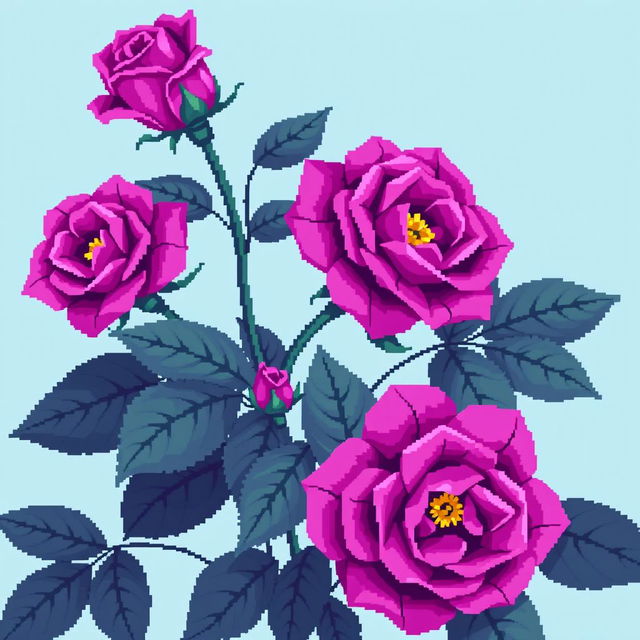 A beautifully intricate pixel art style image featuring vibrant purple roses with big, deep green leaves