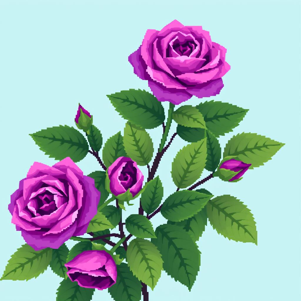 A beautifully intricate pixel art style image featuring vibrant purple roses with big, deep green leaves