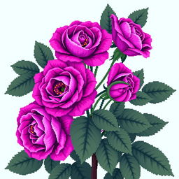 A beautifully intricate pixel art style image featuring vibrant purple roses with big, deep green leaves