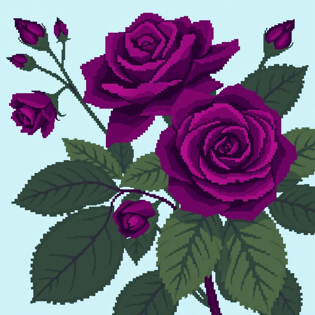 A beautifully intricate pixel art style image featuring deep purple roses with large, rich green leaves