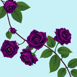 A beautifully intricate pixel art style image featuring deep purple roses with large, rich green leaves