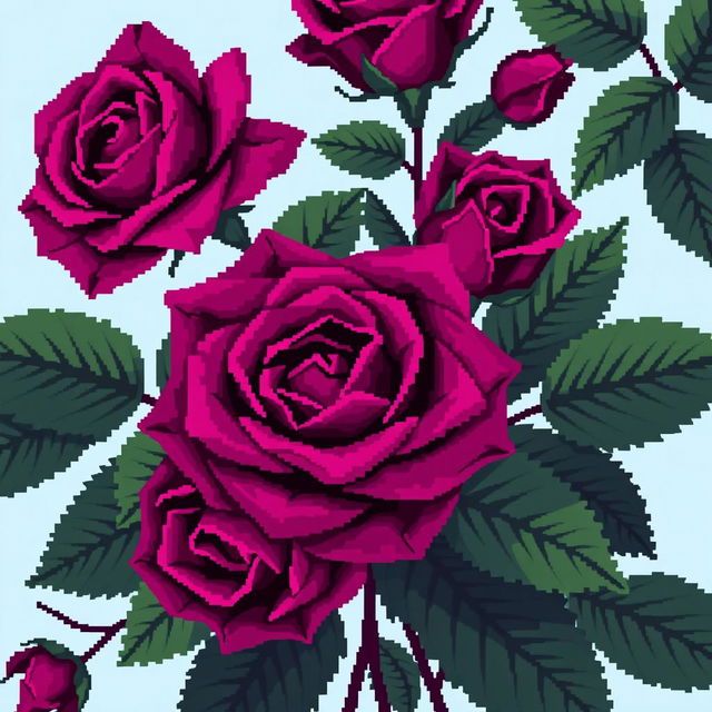 A beautifully intricate pixel art style image featuring deep purple roses with large, rich green leaves