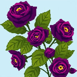 A beautifully intricate pixel art style image featuring deep purple roses with large, rich green leaves