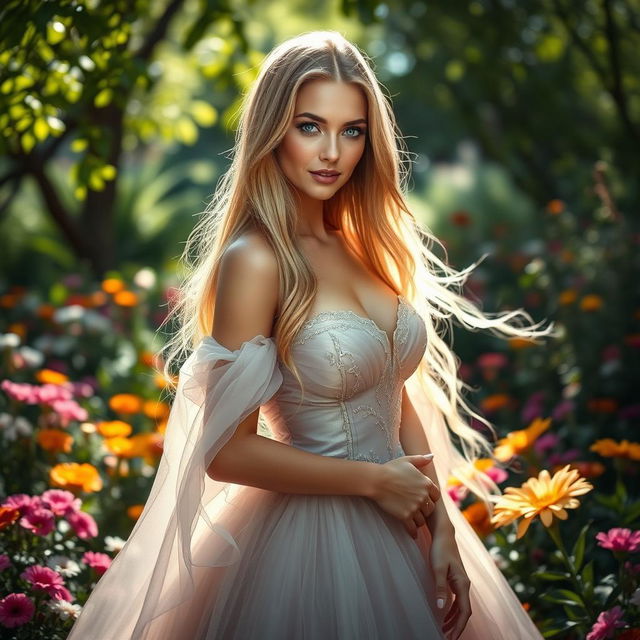 A stunning, beautiful woman with long flowing hair, radiant skin, and captivating blue eyes