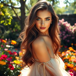 A stunning, beautiful woman with long flowing hair, radiant skin, and captivating blue eyes