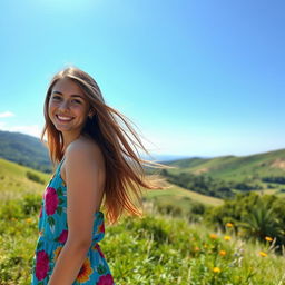 A picturesque scene featuring a beautiful landscape with a clear blue sky and lush greenery
