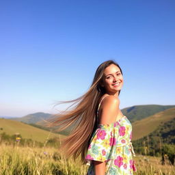 A picturesque scene featuring a beautiful landscape with a clear blue sky and lush greenery