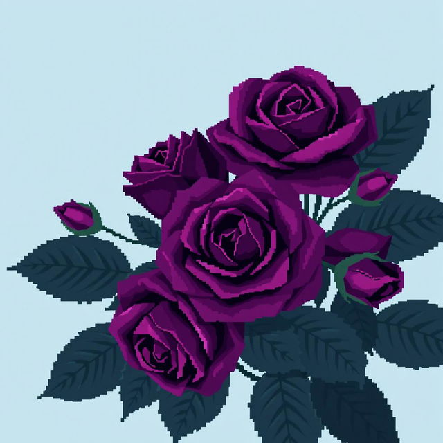 A beautifully intricate pixel art style image featuring deep purple roses with large, dark green leaves