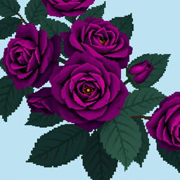 A beautifully intricate pixel art style image featuring deep purple roses with large, dark green leaves