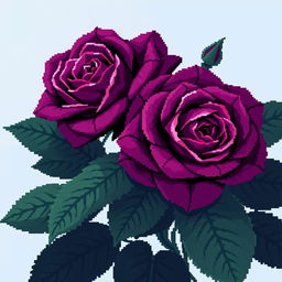 A beautifully intricate pixel art style image featuring deep purple roses with large, dark green leaves