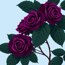 A beautifully intricate pixel art style image featuring deep purple roses with large, dark green leaves