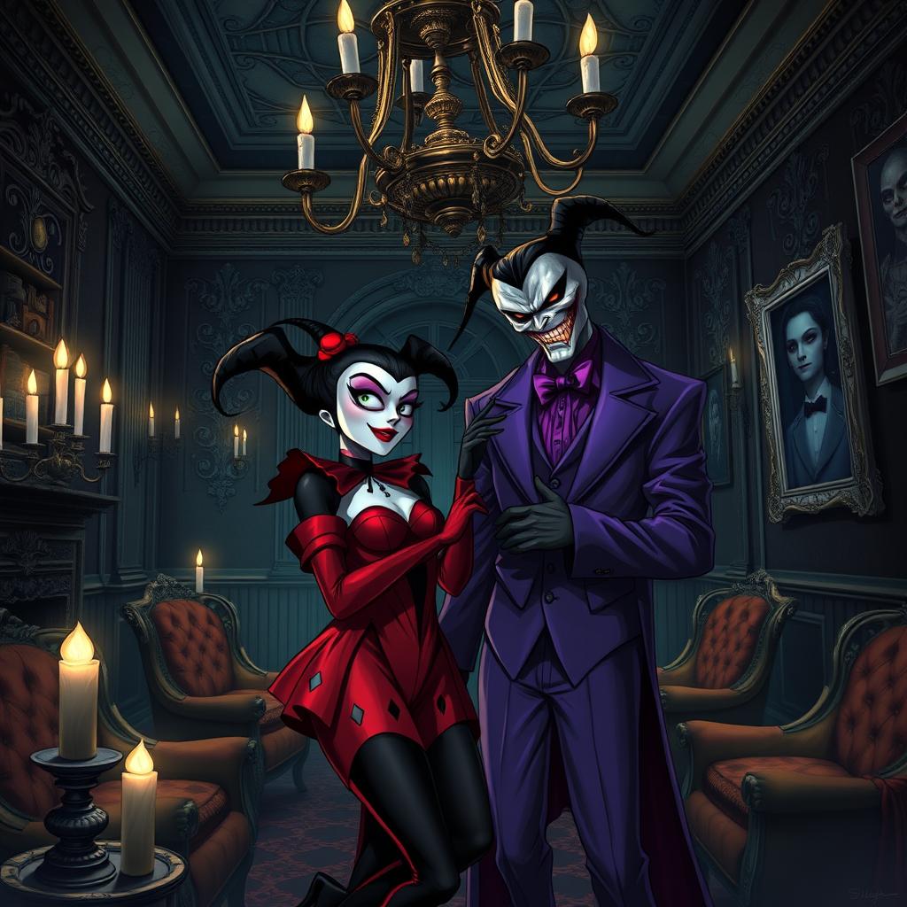 Alerquina and Coringa in a dark mansion room, featuring gothic architecture, ornate candle holders casting flickering shadows, an elaborate chandelier hanging from the ceiling, vintage furniture with rich fabrics, and dark walls adorned with eerie artwork